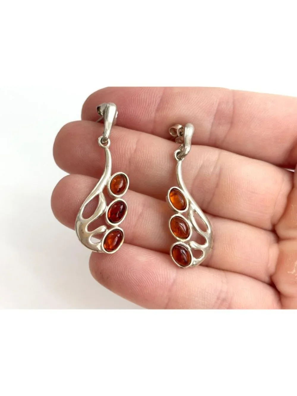 Natural Baltic Amber Accented Modernist Sterling Silver Classic 925 Earrings